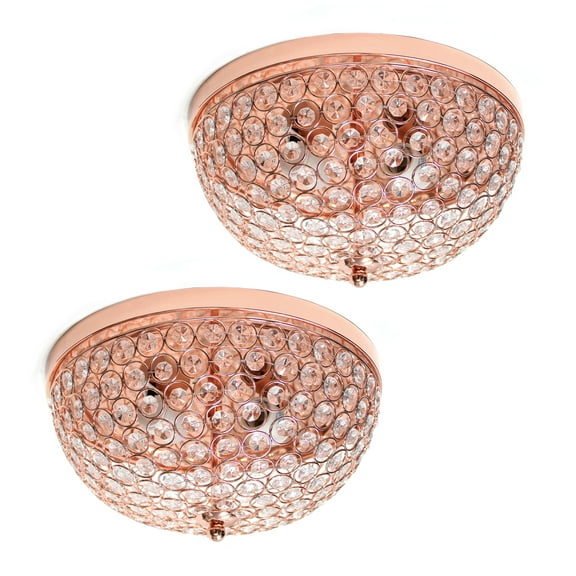 Elegant Designs 2 Pack 13" Metal 2 Light Bowl Shaped Ceiling Flush Mount Fixture Set, Rose Gold