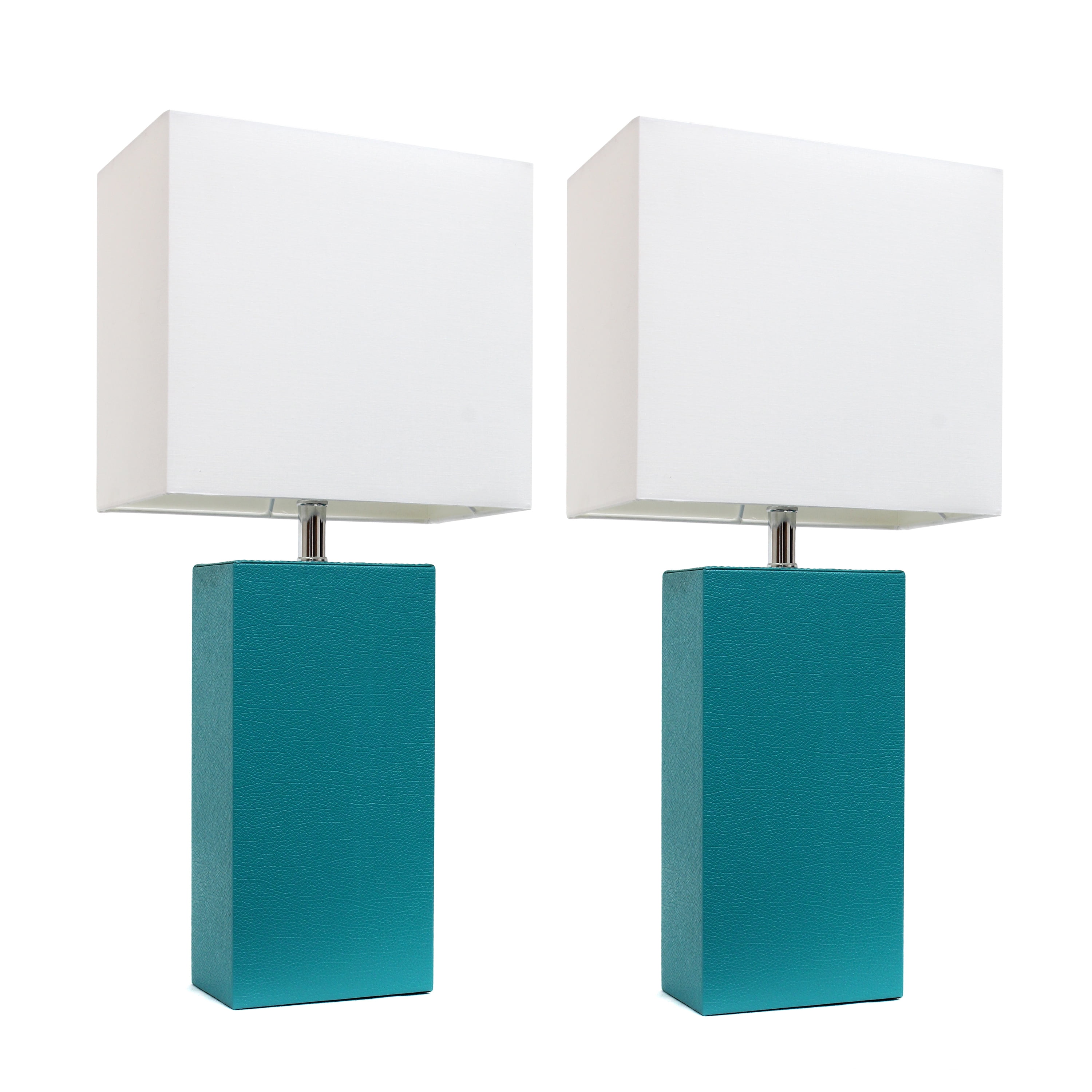 Set of 2 Teal Leather Table Lamps with White Fabric Shades