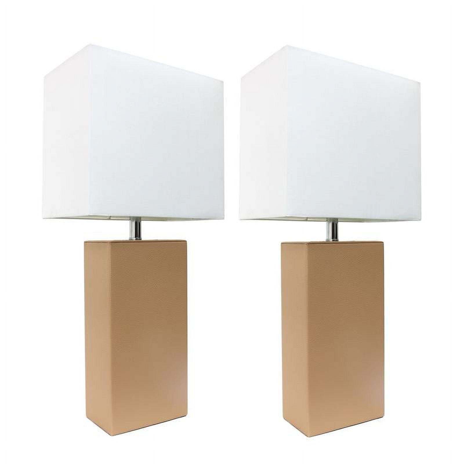 Beige Leather Table Lamps with White Fabric Shades, Set of 2