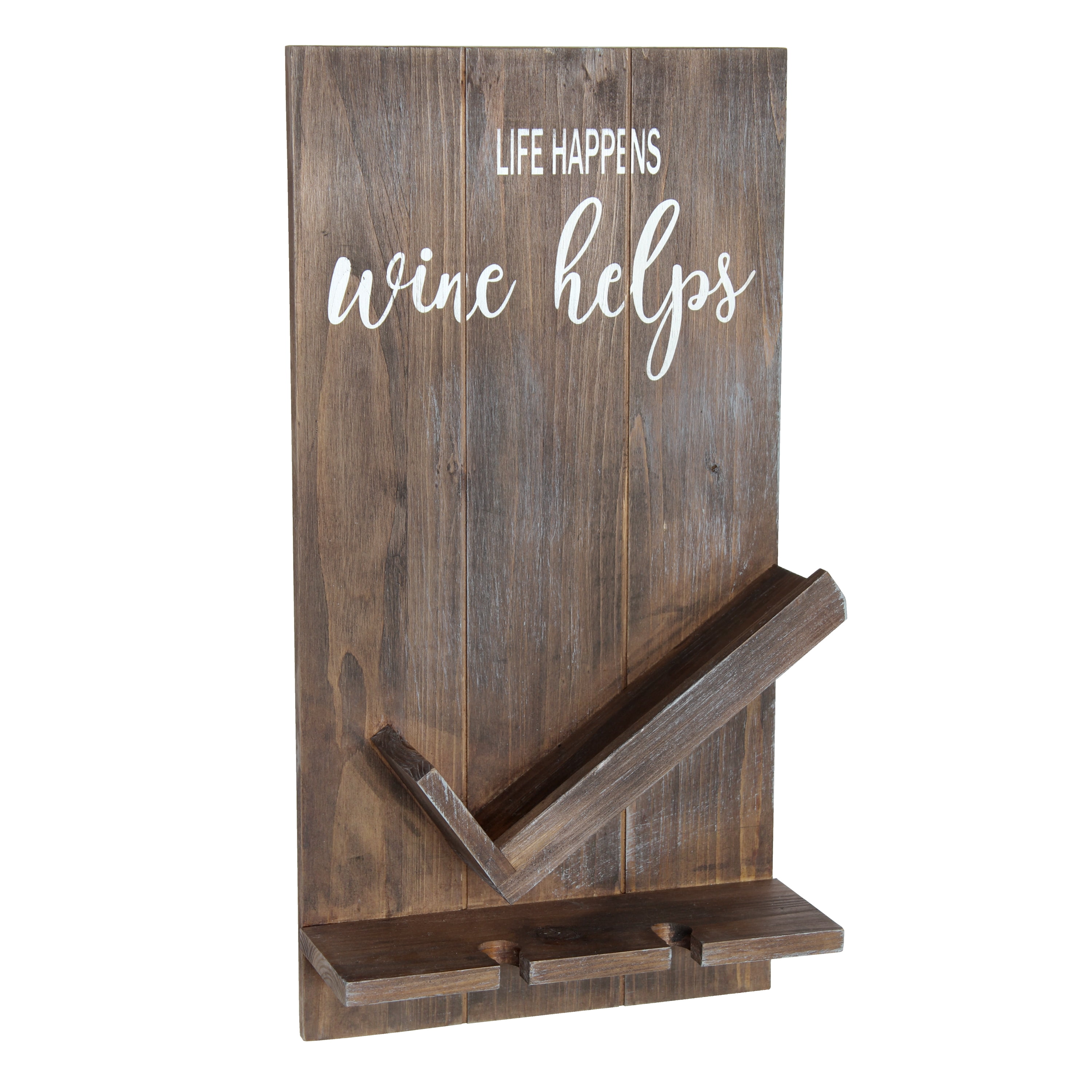 Elegant Designs 20" Lucca Wooden Wall Mounted Wine Bottle & Glass Shelf, "Life Happens Wine Helps", Restored Wood