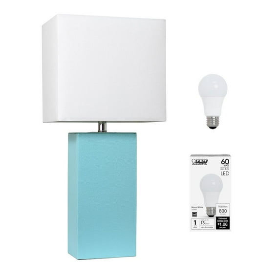 Elegant Designs 21" Modern Leather Wrapped Table Lamp, Aqua, with LED Bulb Included