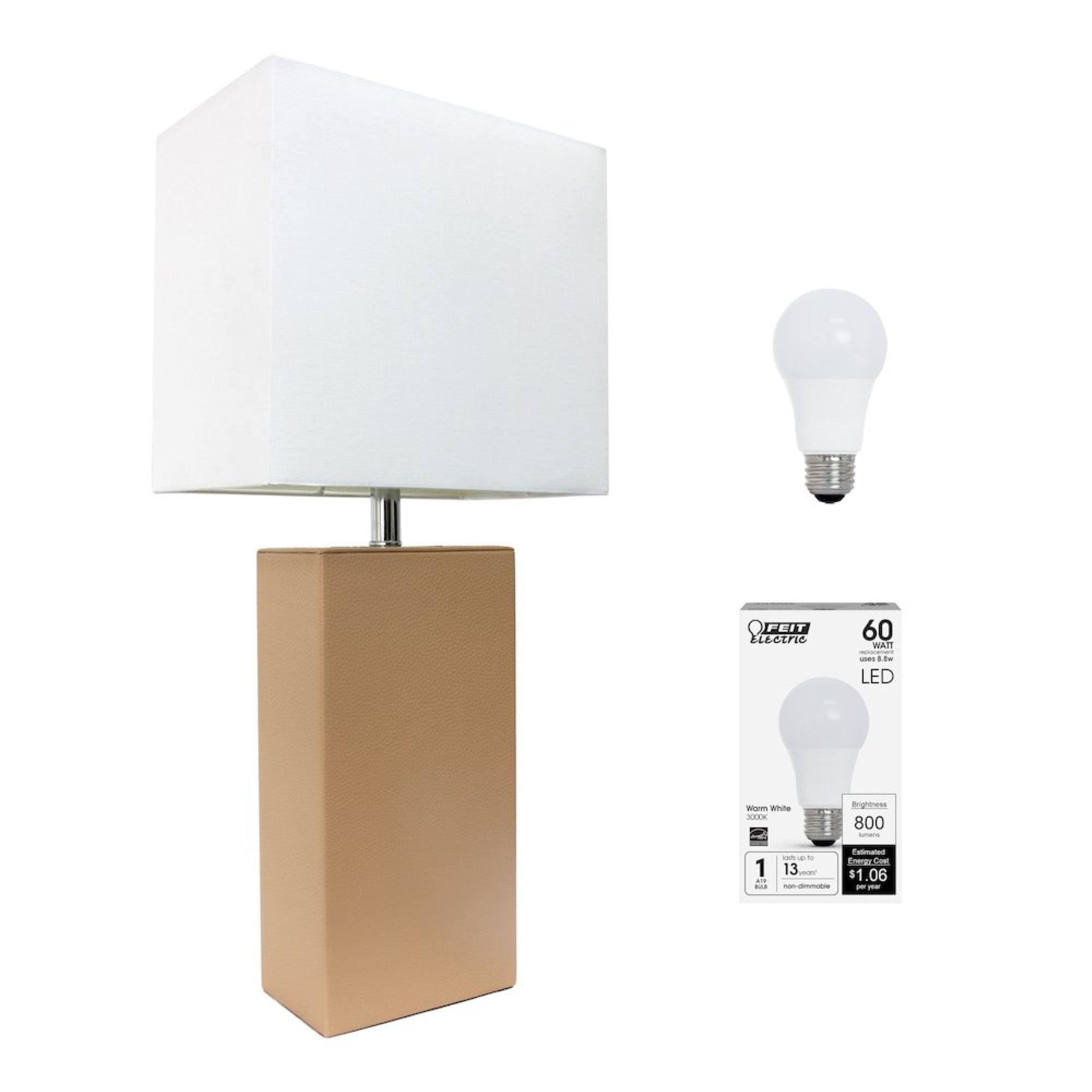 Beige Leather Wrapped Table Lamp with White Fabric Shade and LED Bulb