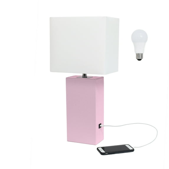 Elegant Designs 21" Leather Wrapped Table Lamp, w/ USB Port, Blush Pink, w/ LED Bulb Included