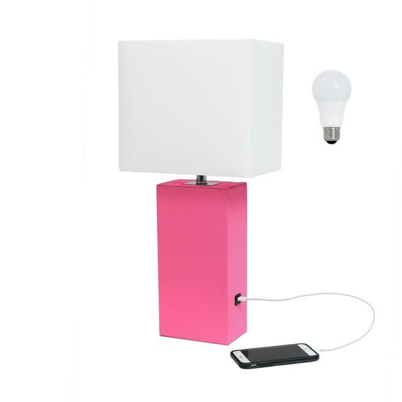 Elegant Designs 21" Leather Wrapped Table Lamp, w/ USB Port, Hot Pink, w/ LED Bulb Included