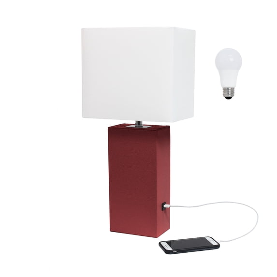 Elegant Designs 21" Leather Wrapped Table Lamp, w/ USB Port, Red, w/ LED Bulb Included