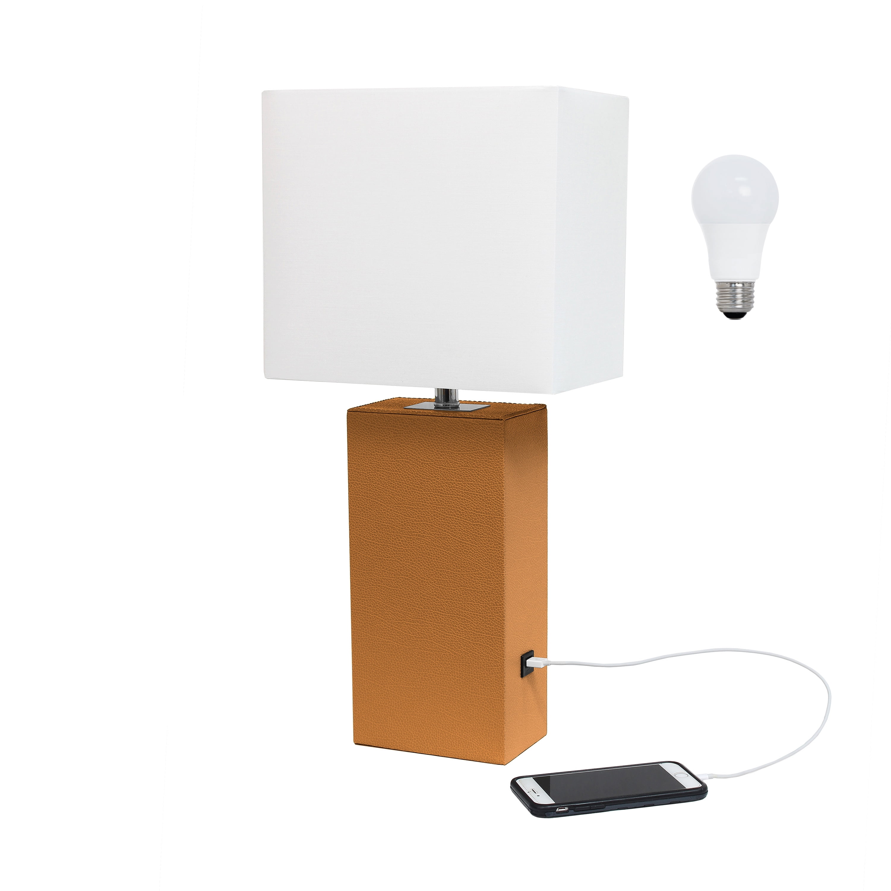 21" Tan Faux Leather Base Modern Nightstand Lamp with USB Port