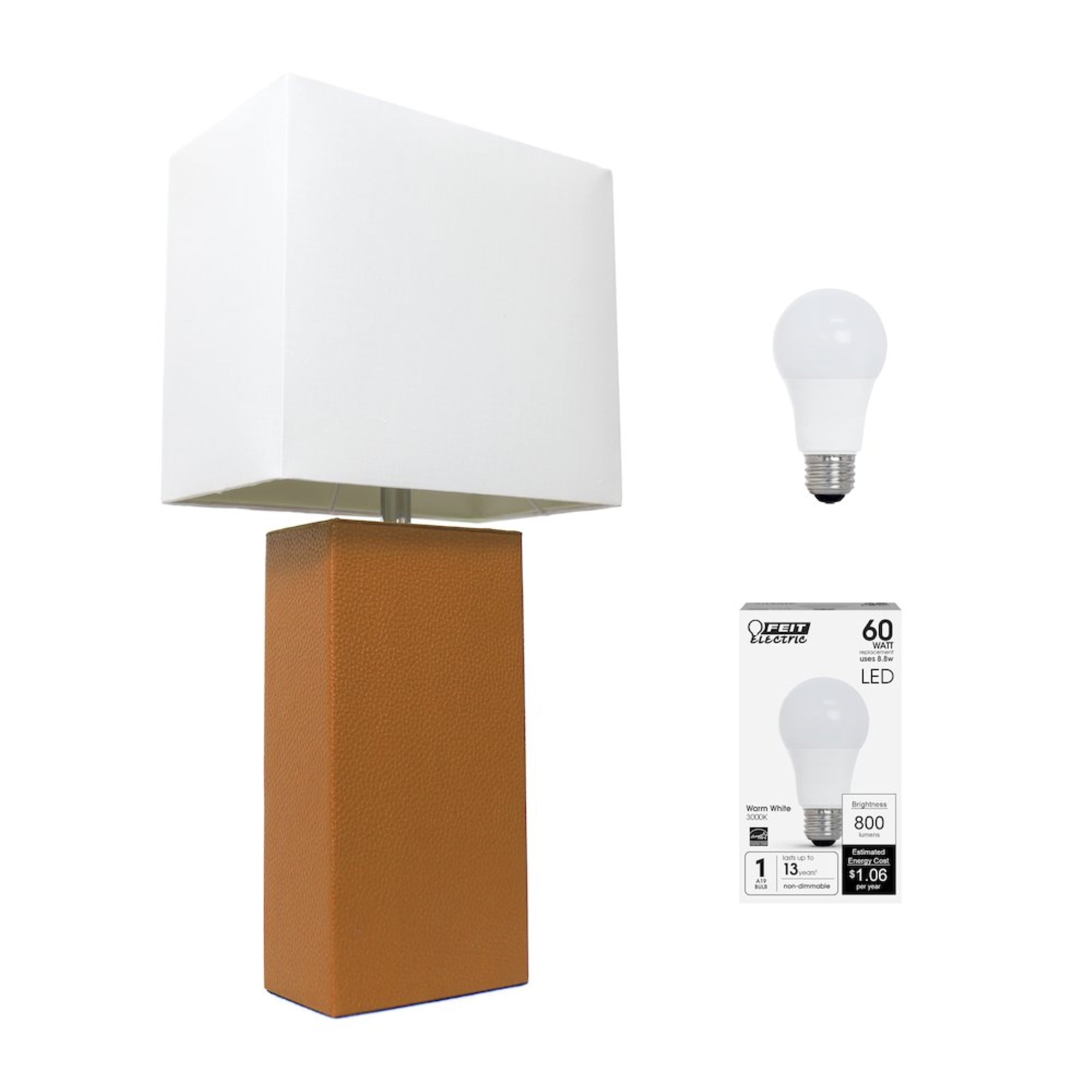 Tan Leather Wrapped Table Lamp with White Shade and LED Bulb