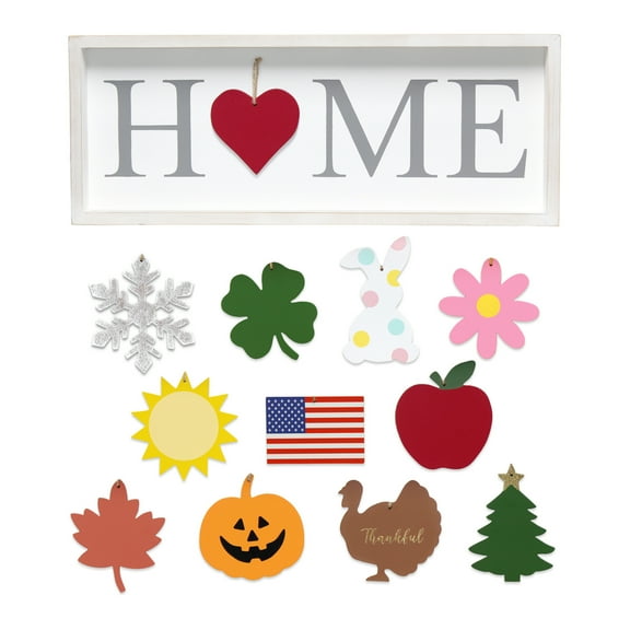 Elegant Designs 23" Rustic Farmhouse Seasonal Interchangeable Symbol "Home" Frame with 12 Ornaments, White