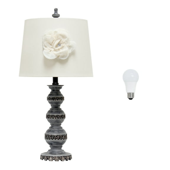 Elegant Designs 25" Aged Bronze Stacked Ball Lamp with Couture Linen Flower Shade