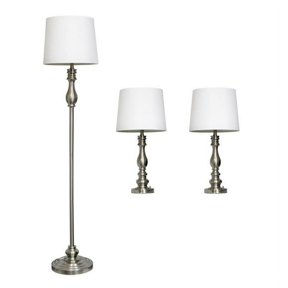 Elegant Designs 3-Pack Brushed Steel Lamp Set (2 Piece 27" Table Lamps, 1 Piece 60" Floor Lamp)