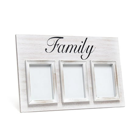 Elegant Designs 18" 3 Photo Collage Frame, 4x6 Picture Frame, White Wash, "Family"