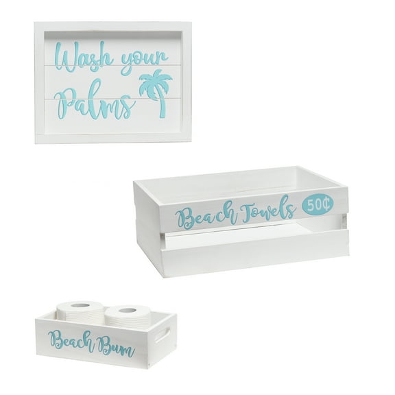 Elegant Designs 3 Piece Wood Bathroom Décor Set, Beach, Large (16" Towel Bin, 11.5" TP Holder, 13" Frame)