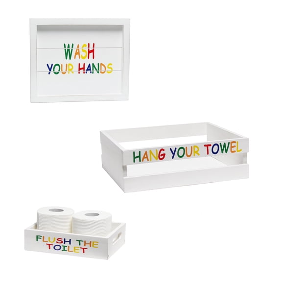 Elegant Designs 3 Piece Wood Bathroom Décor Set, Kids, Small (14" Towel Bin, 10" TP Holder, 12" Frame)