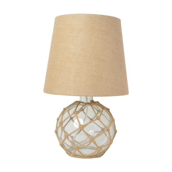 Elegant Designs Buoy Rope Nautical Netted Coastal Ocean Sea Glass Table Lamp With Burlap Fabric Shade, Clear