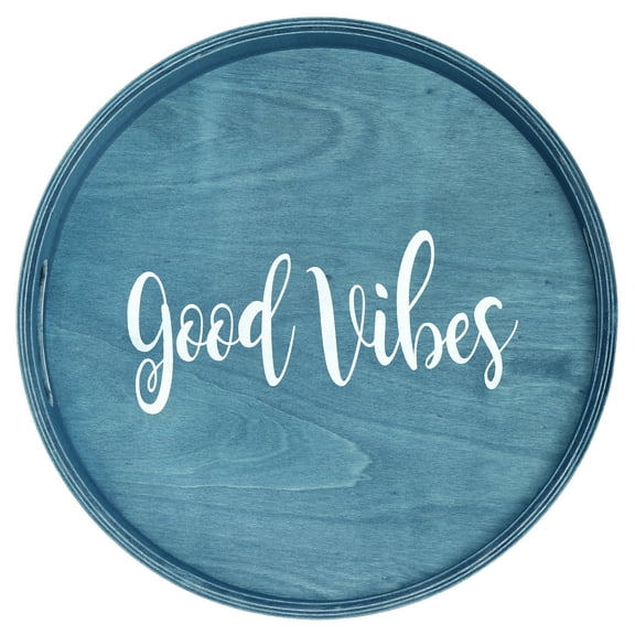 Elegant Designs 13.75" Decorative Round Wood Serving Tray with Handles, "Good Vibes", Blue Wash