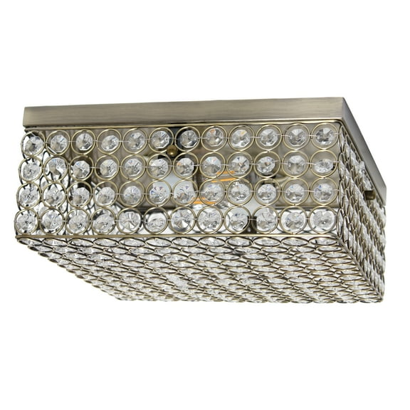 Elegant Designs Elipse Crystal 12" Modern Metal 2 Light Squared Ceiling Flush Mount Fixture, Antique Brass