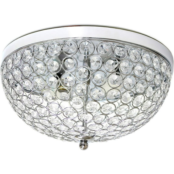 Elegant Designs Elipse Crystal 13" Modern Metal 2 Light Bowl Shaped Ceiling Flush Mount Fixture, Chrome