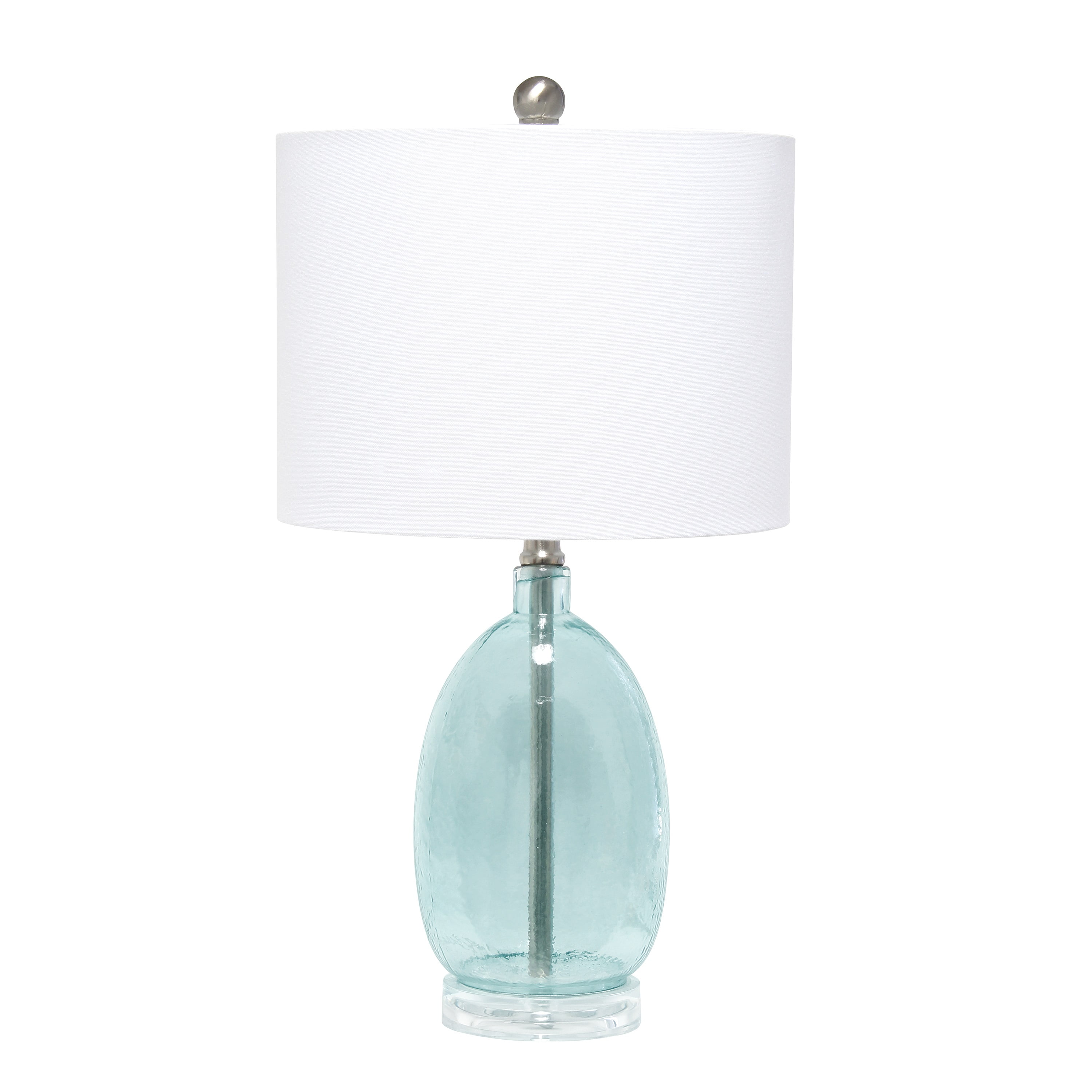 Clear Blue Glass Table Lamp with White Fabric Shade
