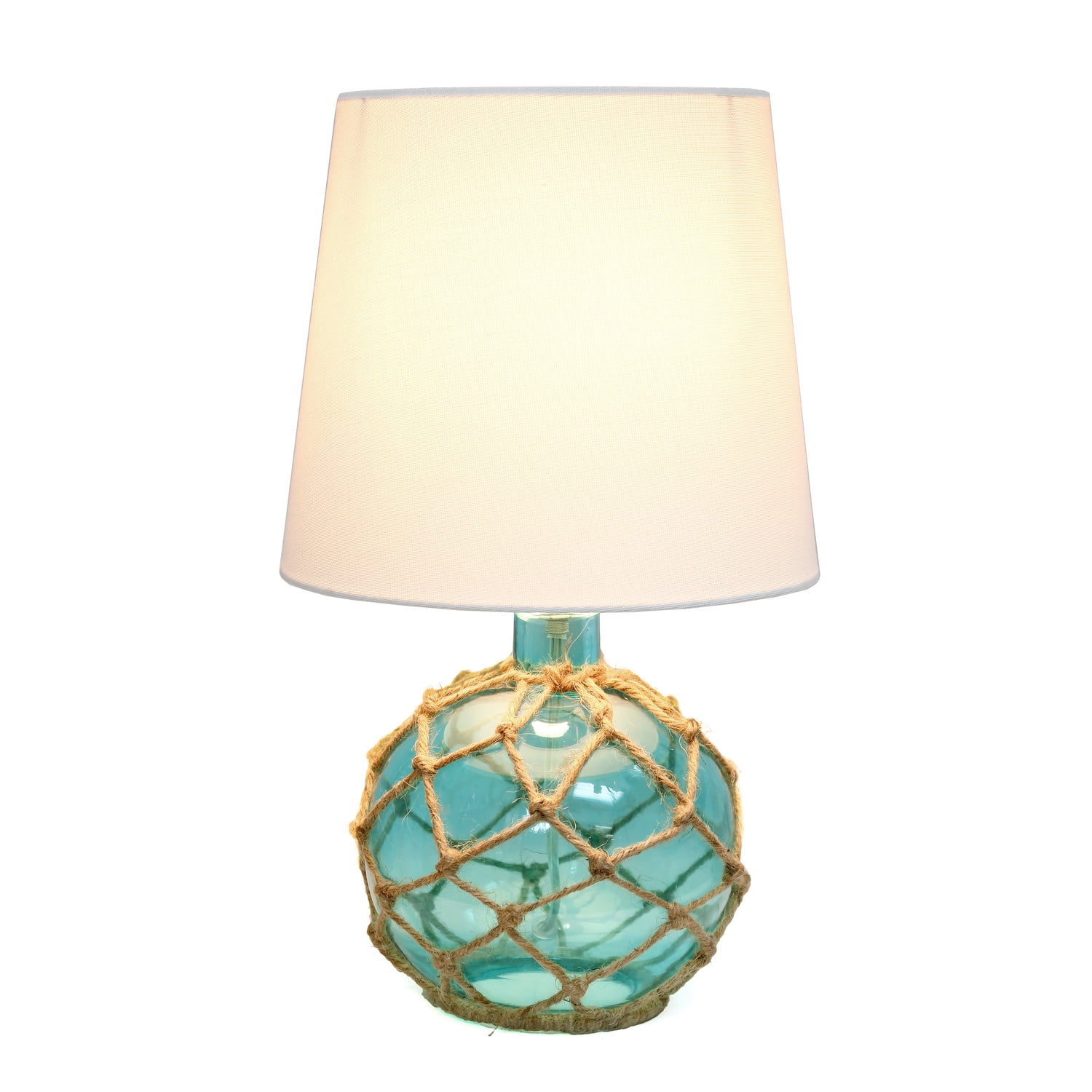 Aqua Glass Table Lamp with White Fabric Shade and Rope Netting