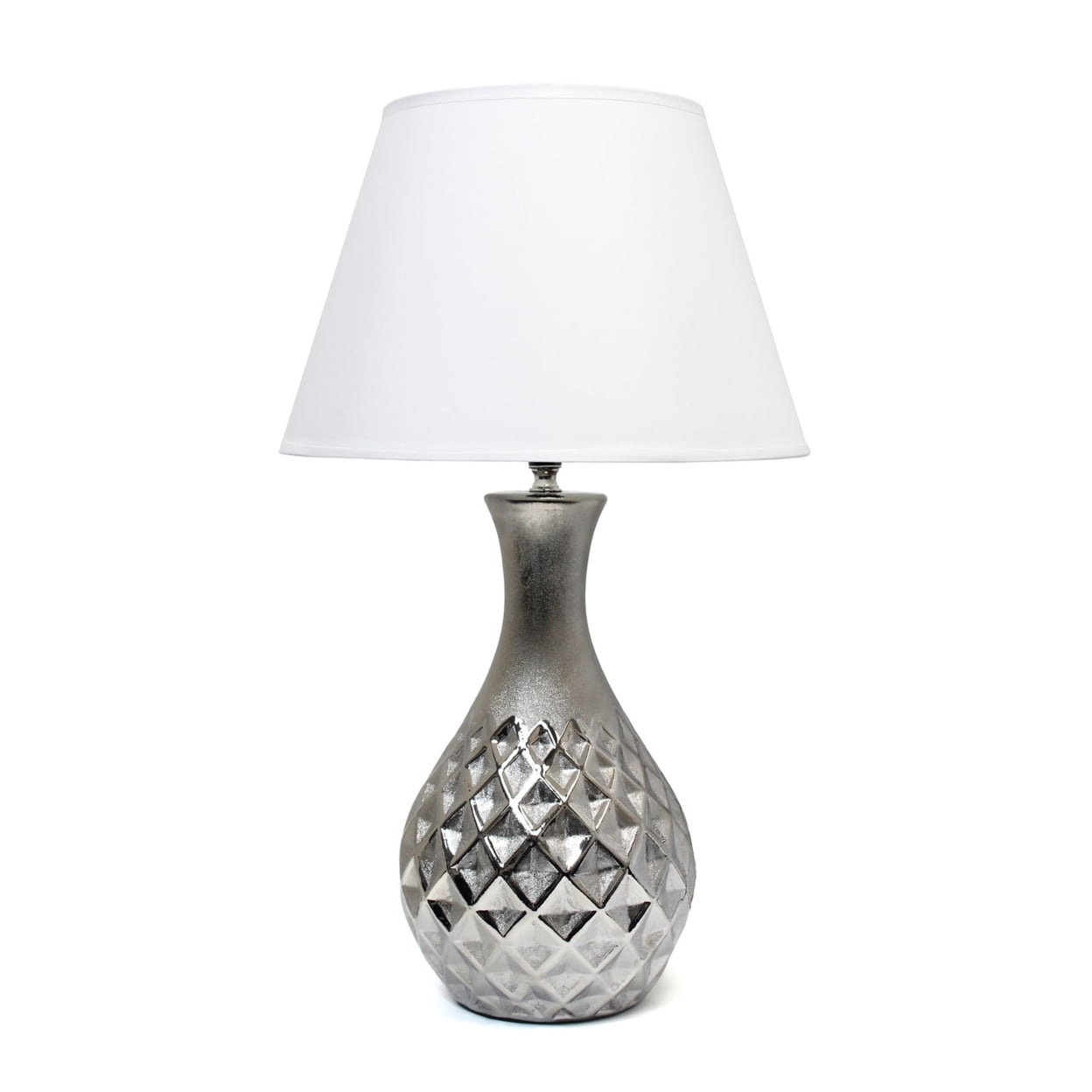 Juliet Metallic Silver Ceramic Nightstand Lamp with White Fabric Shade