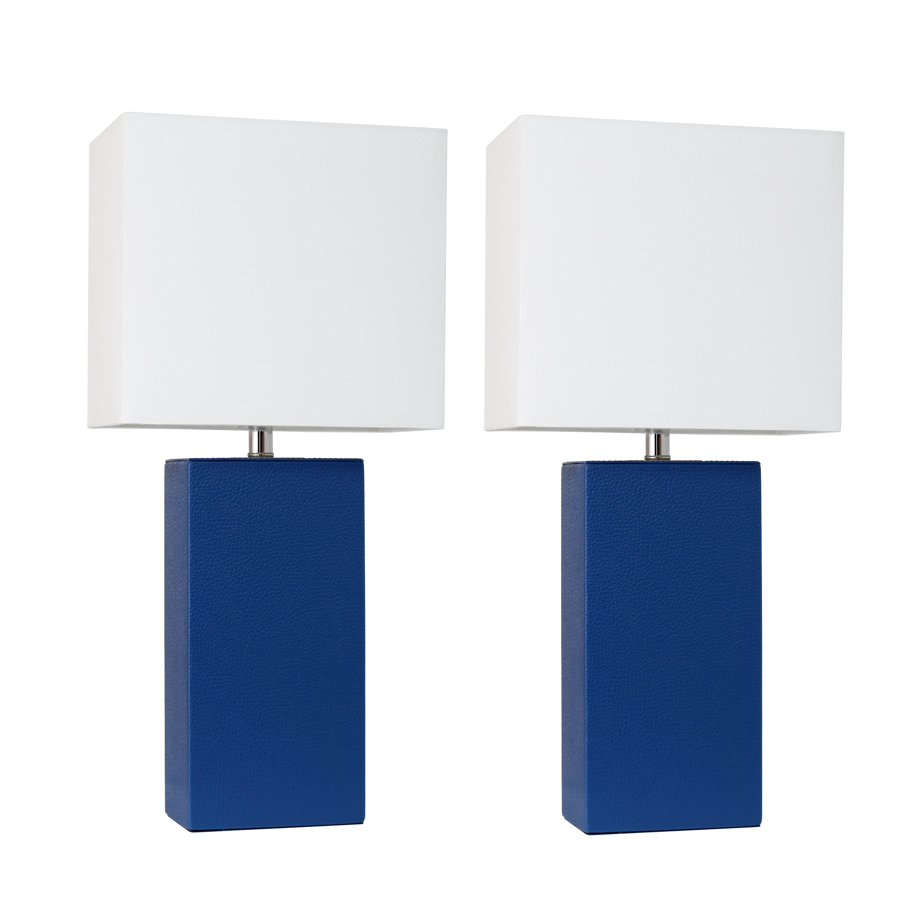Set of 2 Blue Leather Nightstand Lamps with White Fabric Shades