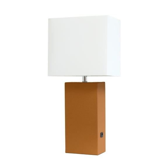 Elegant Designs Modern Leather Table Lamp with USB and White Fabric Shade