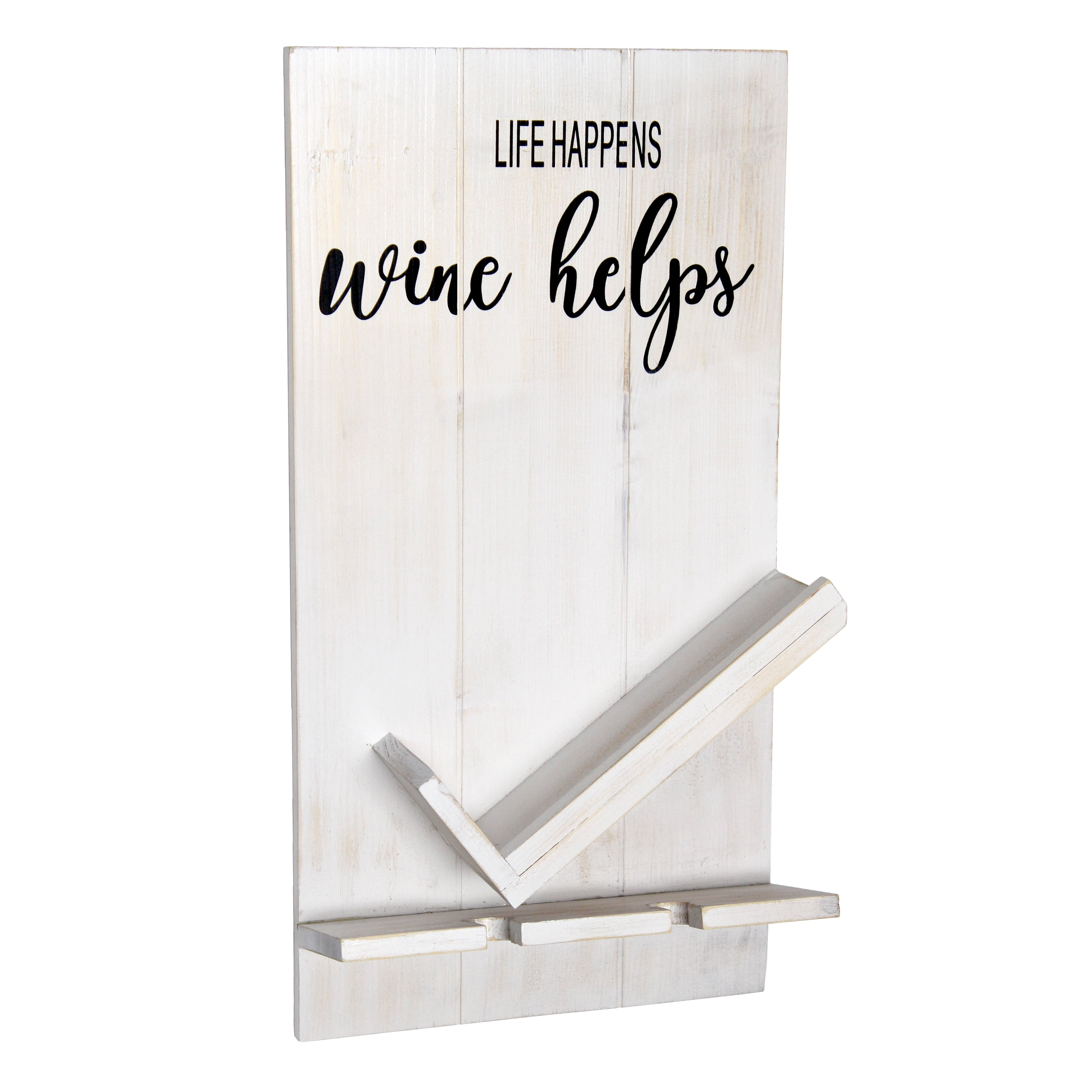 Chalk White Wooden Wall Mounted Wine Bottle Shelf with Glass Holder