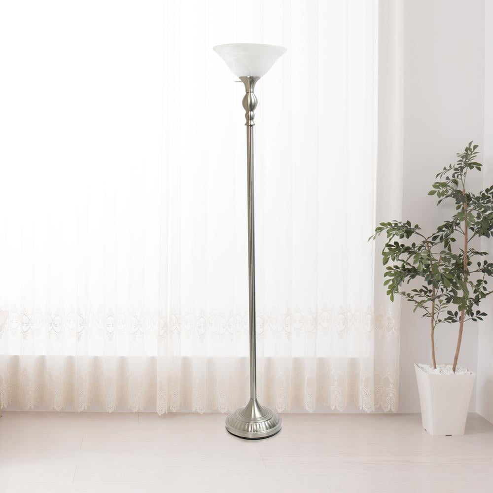 White Marbleized Glass Torchiere Floor Lamp with Brushed Nickel Base
