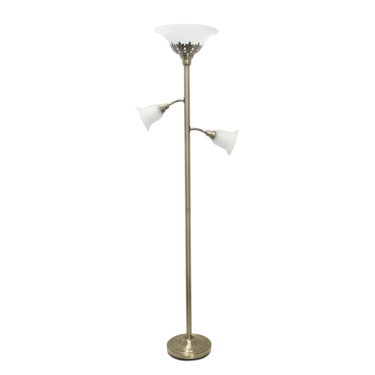 Antique Brass Finish 3-Light Floor Lamp with White Scalloped Glass Shades