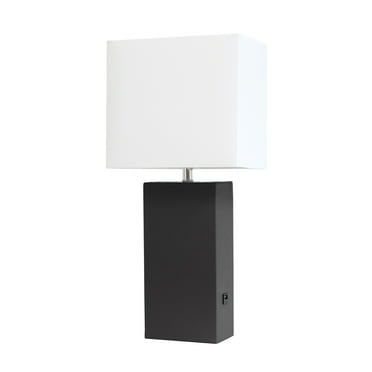 Elegant Designs Modern Leather Table Lamp with USB and White Fabric Shade, Black