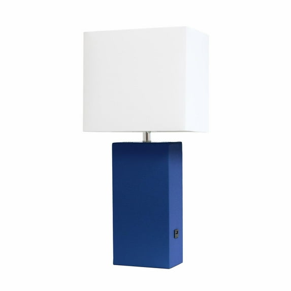 Elegant Designs Modern Leather Table Lamp with USB and White Fabric Shade, Blue