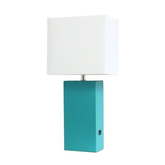 Elegant Designs Modern Leather Table Lamp with USB and White Fabric Shade, Teal