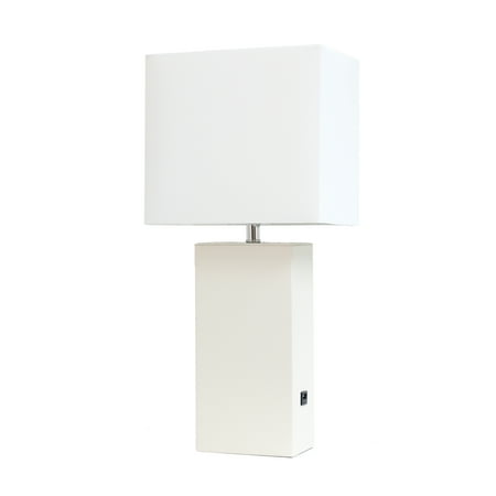 Elegant Designs - Modern Leather Table Lamp with USB and White Fabric Shade - White