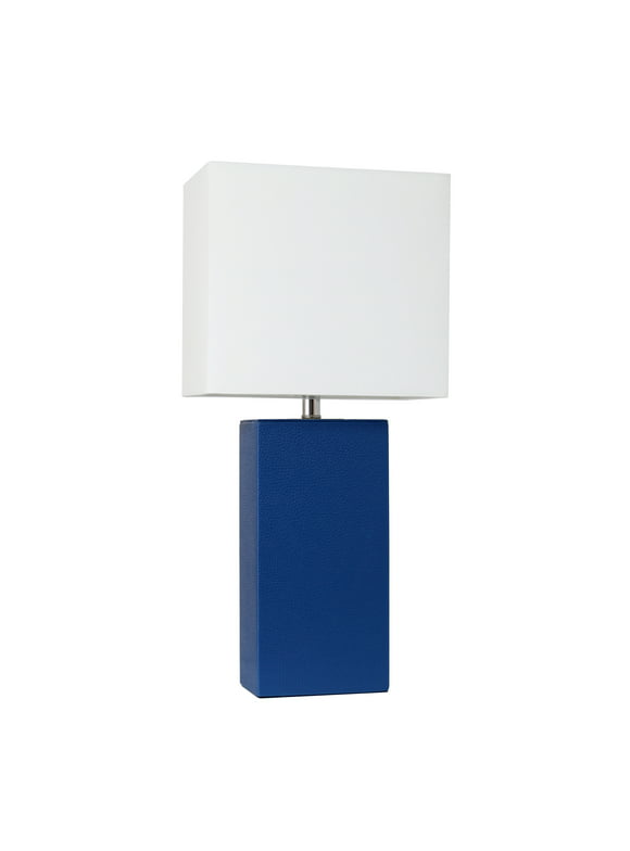 Elegant Designs Modern Leather Table Lamp with White Fabric Shade, Blue