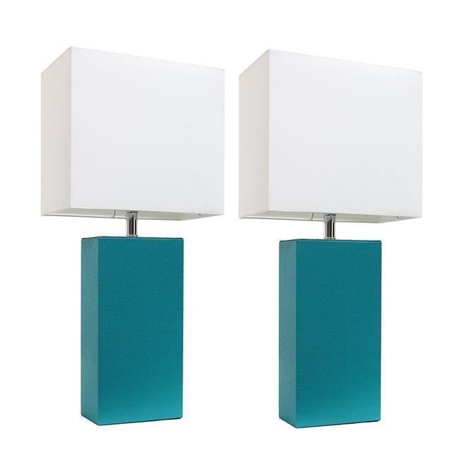 Set of 2 Teal Leather Table Lamps with White Fabric Shades