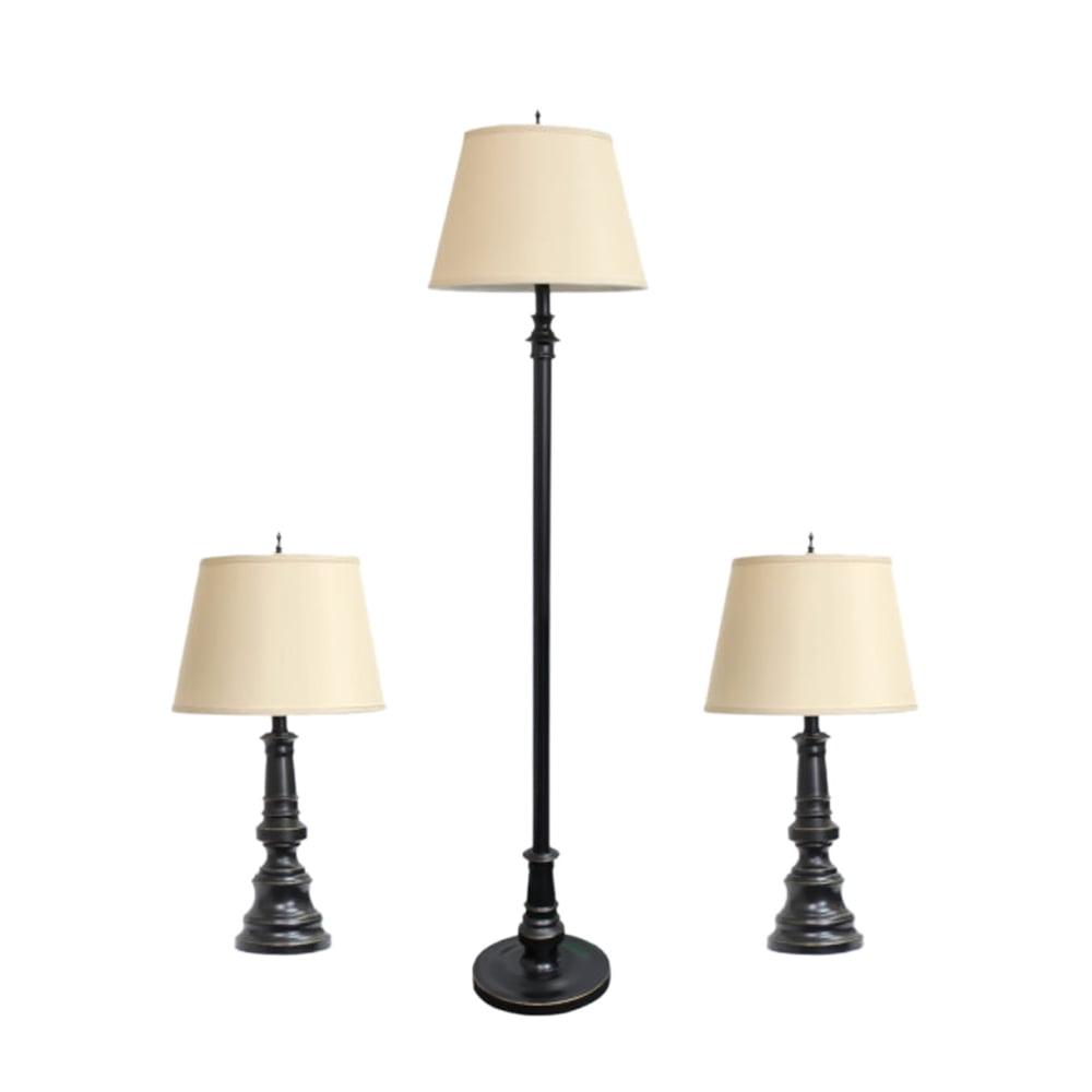 Elegant 3-Piece Bronze Lamp Set with Tan Fabric Shades