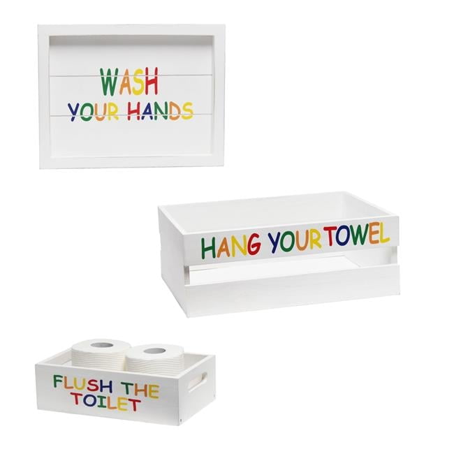 White Wash Nautical Wood Three Piece Bathroom Set with Colorful Text