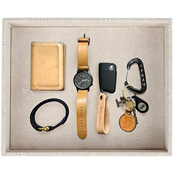 Elegant Desktop Organizer, Vanity Tray, Bathroom Storage Tray Holder, Dresser Jewelry Tray, Change Coin Key Watch Catchall Tray, 10.2 x 8.4 x 1.8 inches (Light Grey Faux Leather Shagreen)