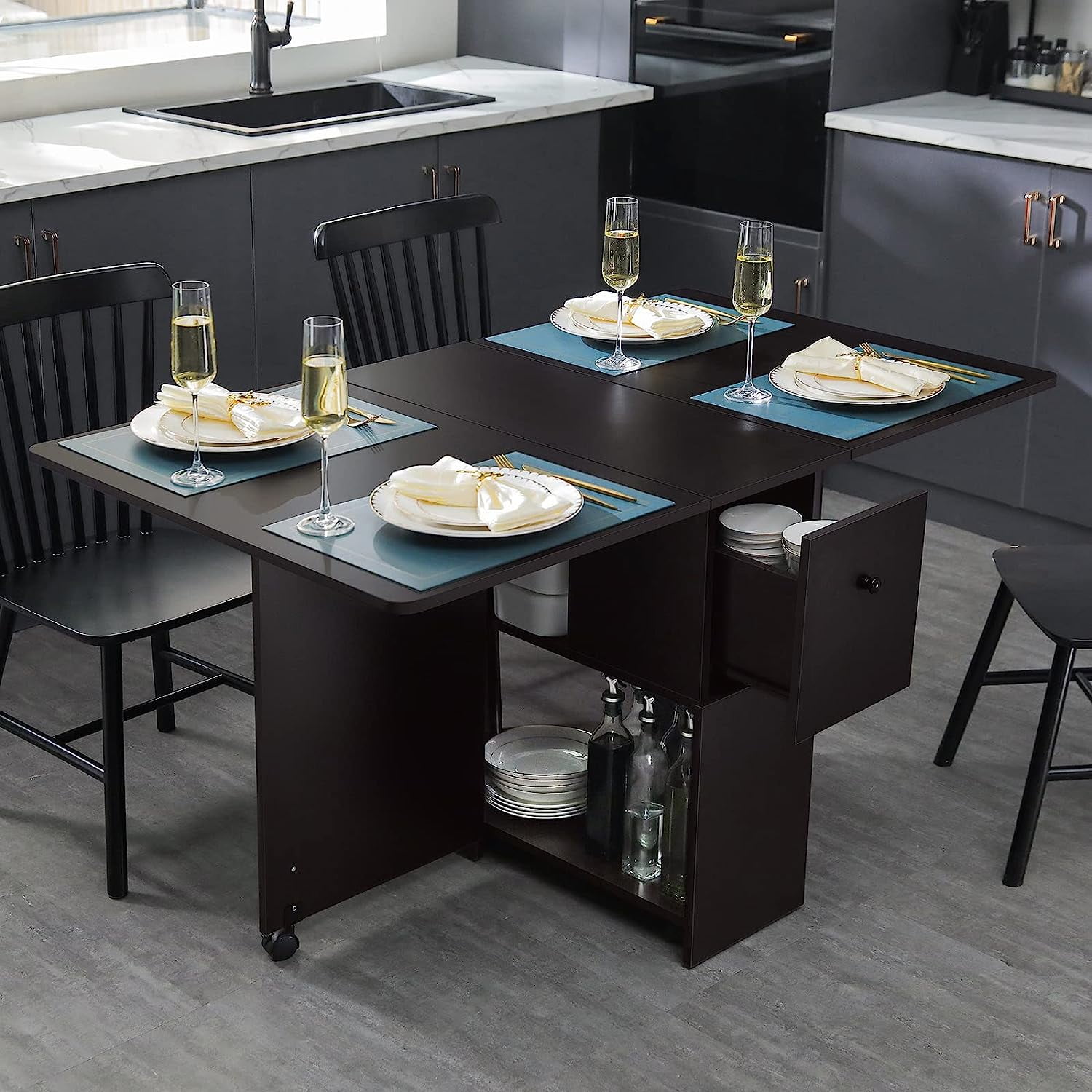 Elegant Dining Table with 2 Drawers Drop Leaf Dining Table Space Saving Kitchen Table with 6 ...