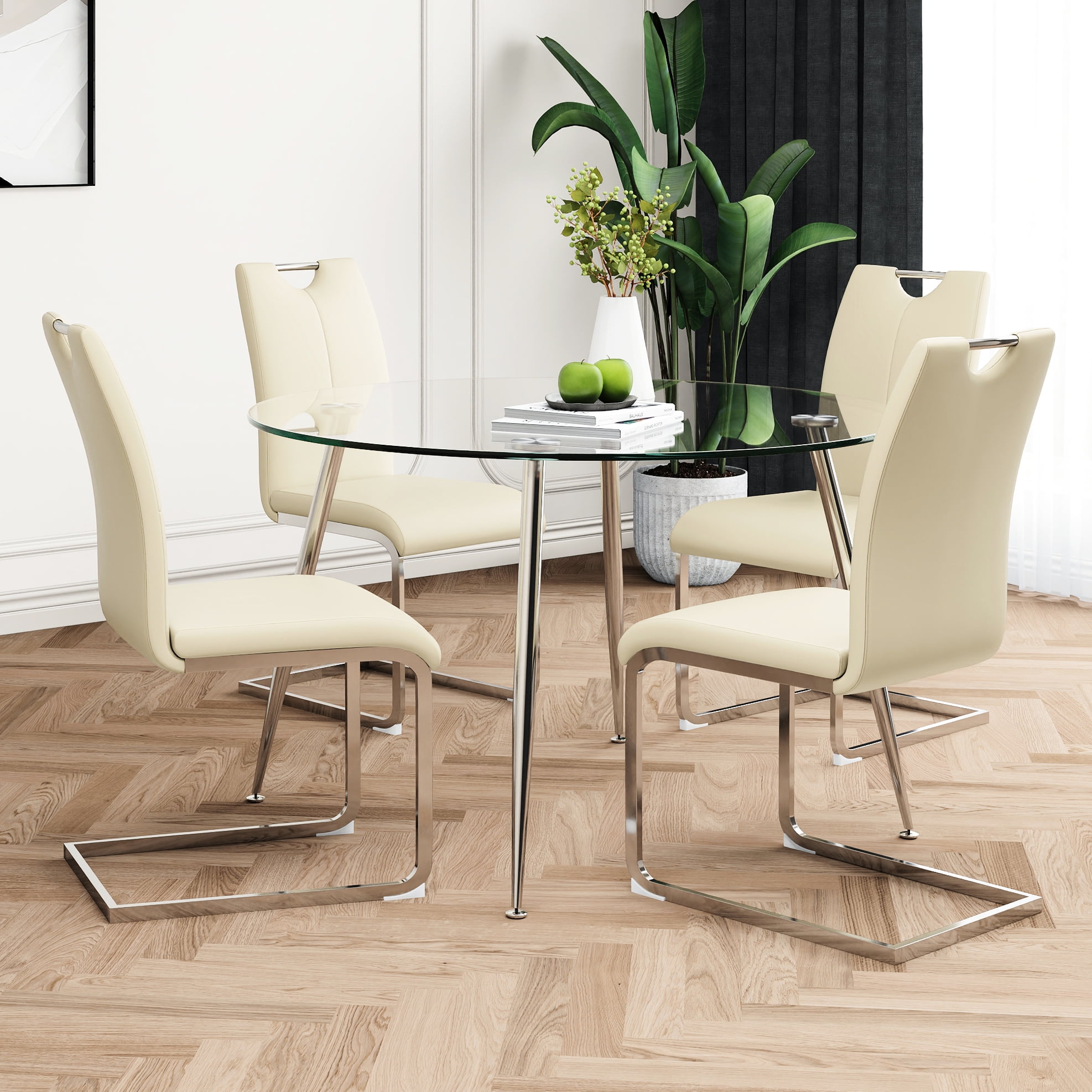 Elegant Dining Table With Yellow Pu Chairs And Round Glass Top For Home ...