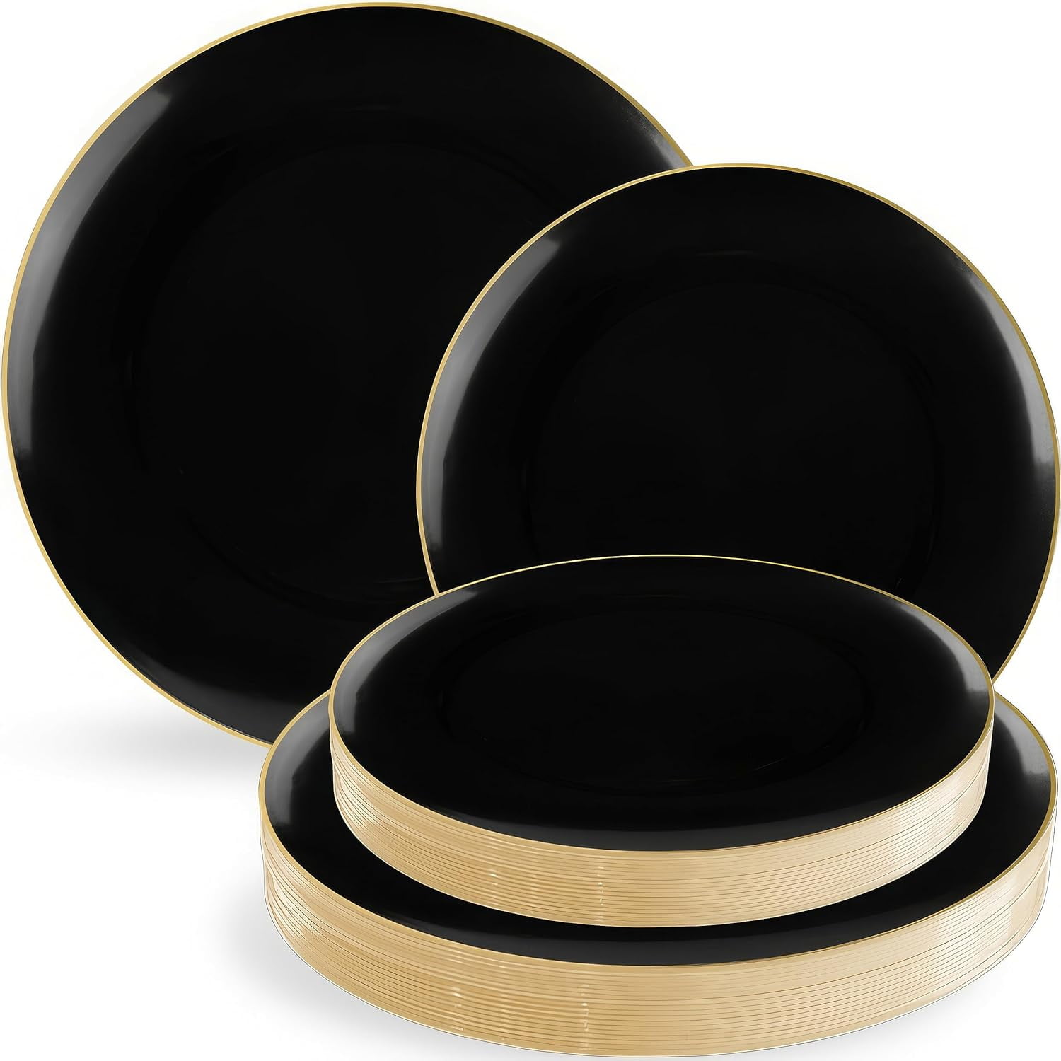 Elegant Disposable Party Plates Organic Black/Gold Rim Combo 32 Count Perfect for Birthday