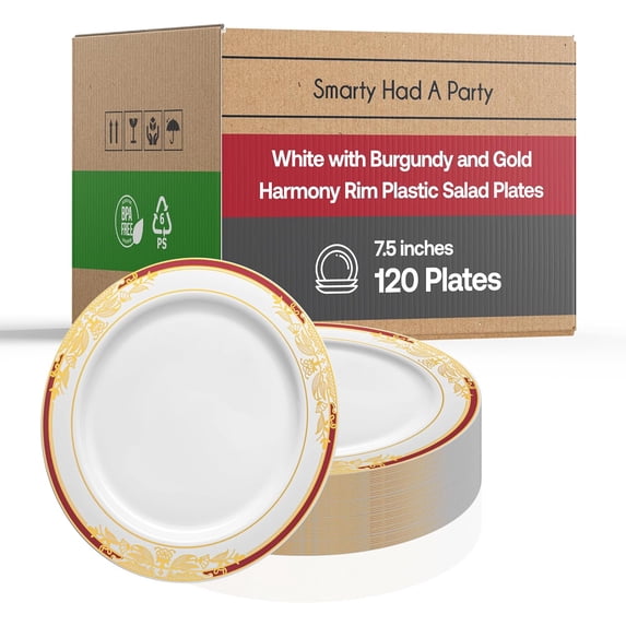 Elegant Disposable Plastic Dessert Plates 120 Pcs, 7.5" Heavy Duty Fancy White with Gold Appetizer Salad Plates For Wedding, Birthday Party Plates