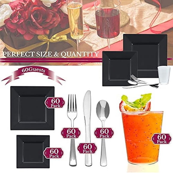 Elegant Disposable Plastic Dinnerware Set, Heavy Duty Plastic Plates (Black, Wedding Value Set (60 Guests))