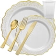 thumbnail image 1 of Elegant Disposable Plastic Dinnerware Wedding Party Package Set - Choose Style (120 pc each - 720 pcs,Confetti White & Gold), 1 of 1