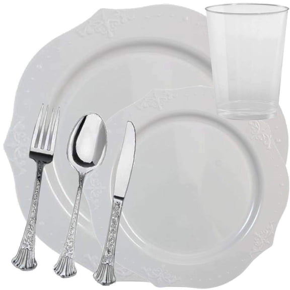 Elegant Disposable Plastic Dinnerware Wedding Party Package Set - Choose Style (20 pc each - 120 pcs,Antique White)