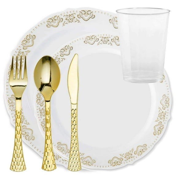 Elegant Disposable Plastic Dinnerware Wedding Party Package Set - Choose Style (20 pc each - 120 pcs,Vintage Gold)