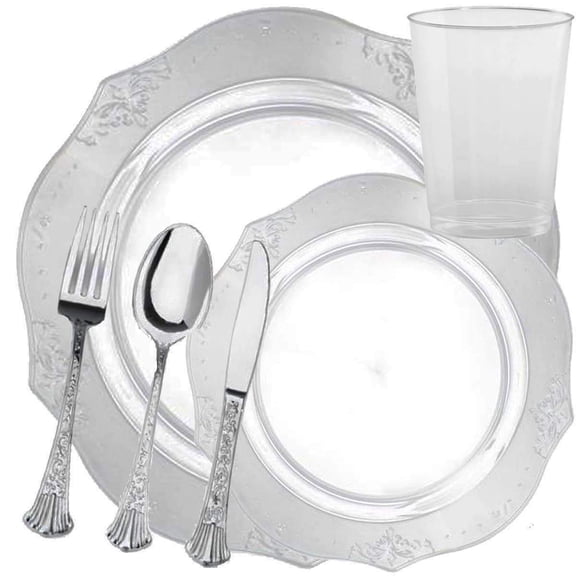 Elegant Disposable Plastic Dinnerware Wedding Party Package Set - Choose Style (40 pc each - 240 pcs,Antique Clear)