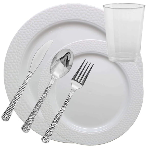 Elegant Disposable Plastic Dinnerware Wedding Party Package Set - Choose Style (40 pc each - 240 pcs,Hammered White)