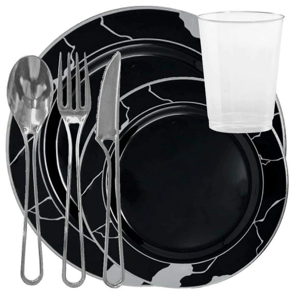 Elegant Disposable Plastic Dinnerware Wedding Party Package Set - Choose Style (40 pc each - 240 pcs,Marble Black & Silver)