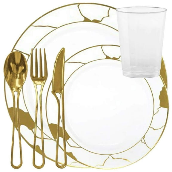 Elegant Disposable Plastic Dinnerware Wedding Party Package Set - Choose Style (60 pc each - 360 pcs,Marble White & Gold)